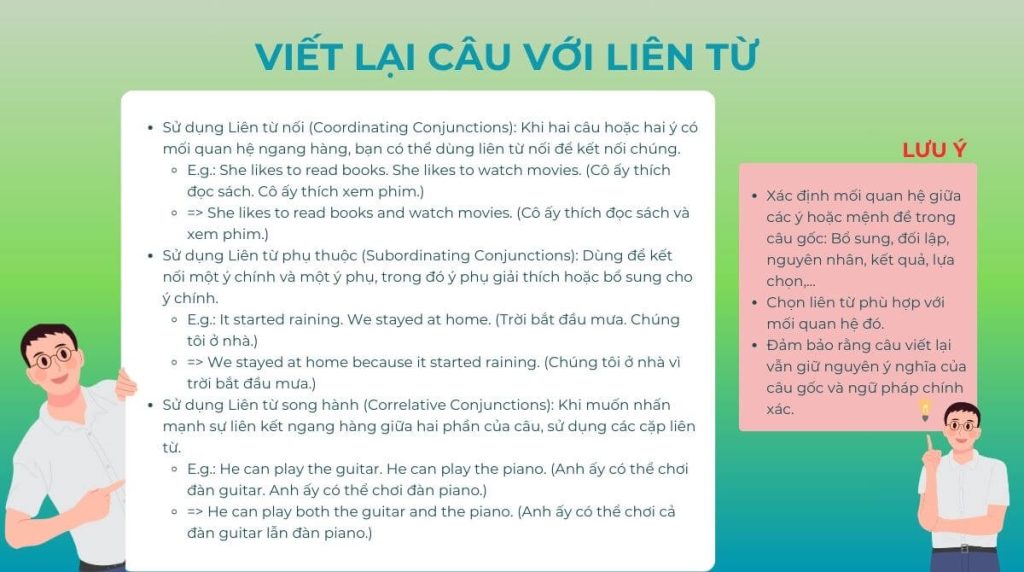 Ôn tập lý thuyết viết lại câu với liên từ